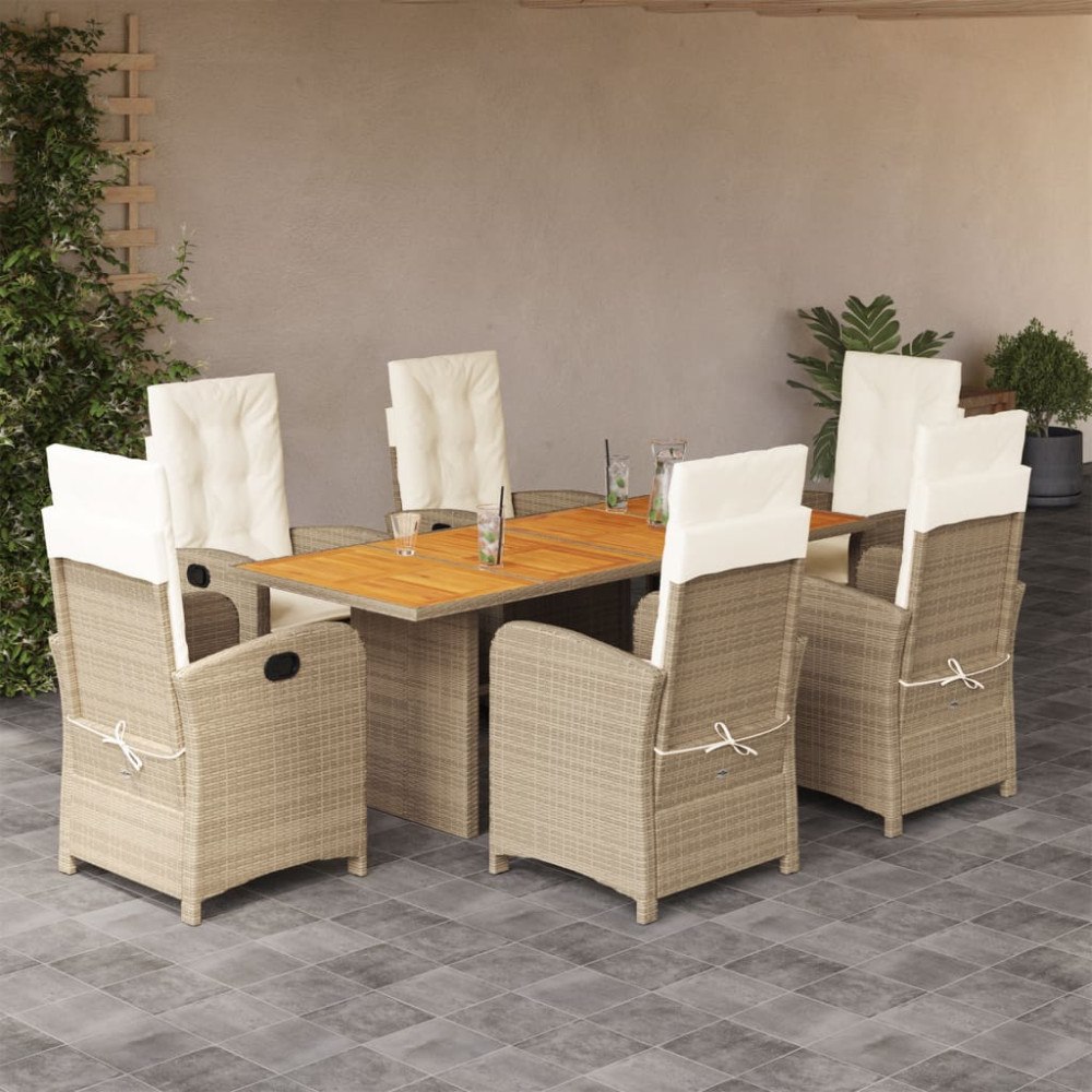 vidaXL Matgrupp för trädgården med dynor 7 delar mixbeige konstrotting