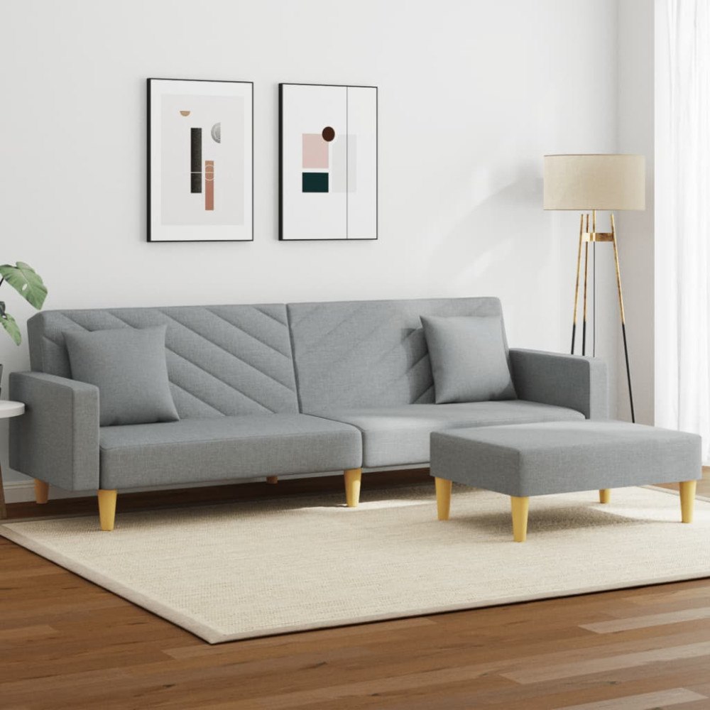 vidaXL Bäddsoffa 2-sits med kuddar och fotpall ljusgrå tyg