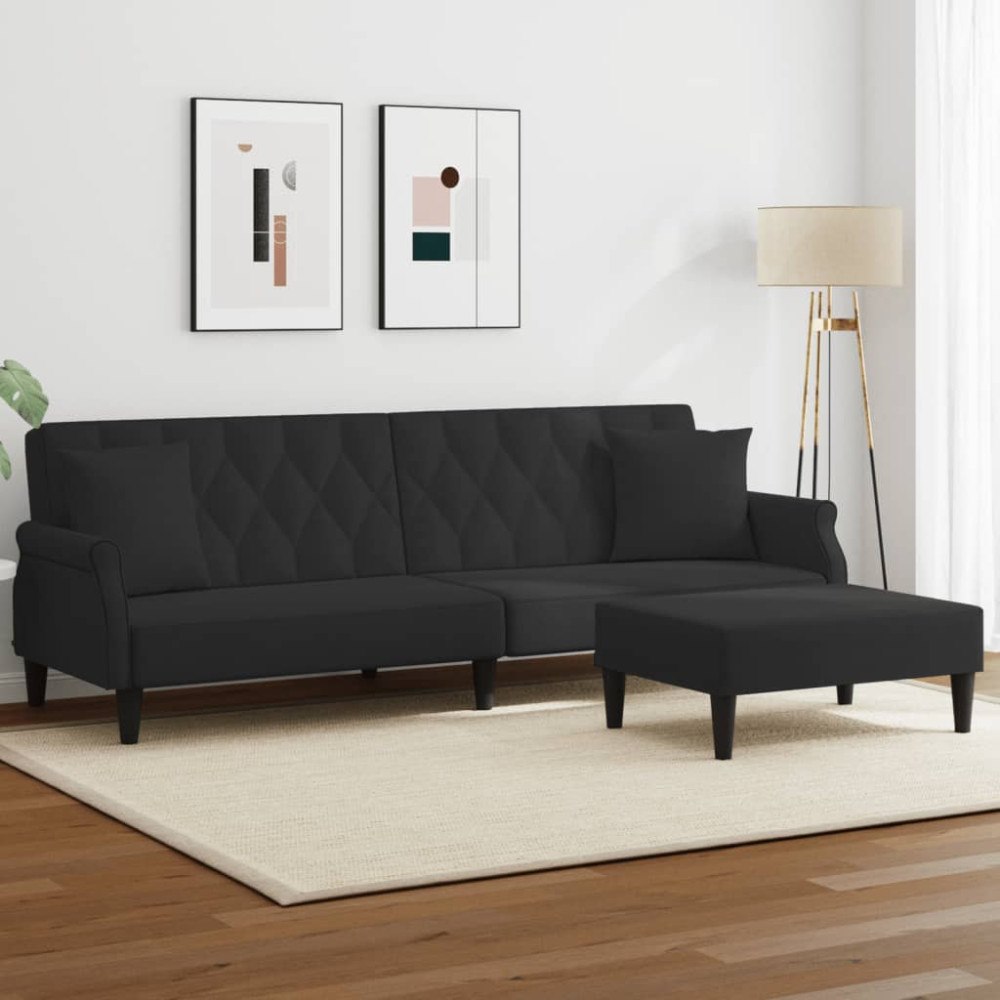 vidaXL Bäddsoffa 2-sits med kuddar och fotpall svart sammet