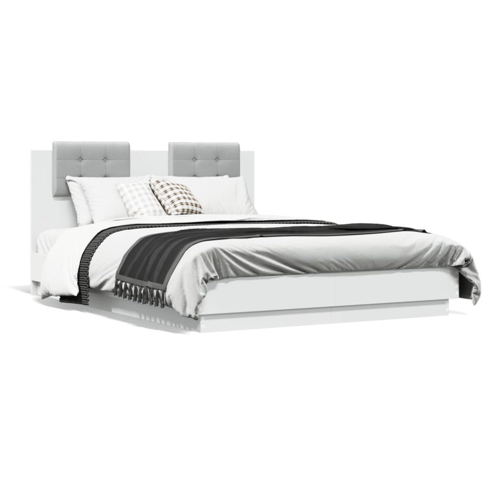 vidaXL Sängram med huvudgavel och LEDs vit 135x190 cm