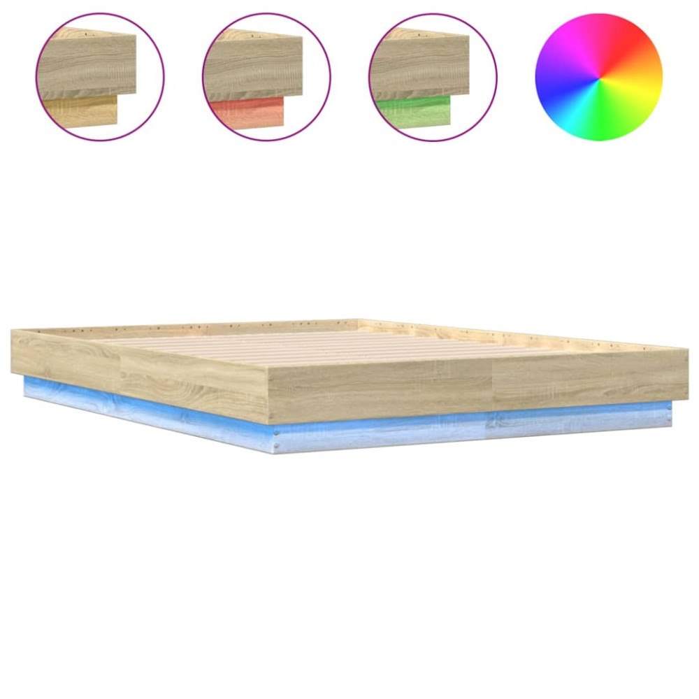 vidaXL Sängram med LEDs sonoma-ek 135x190 cm