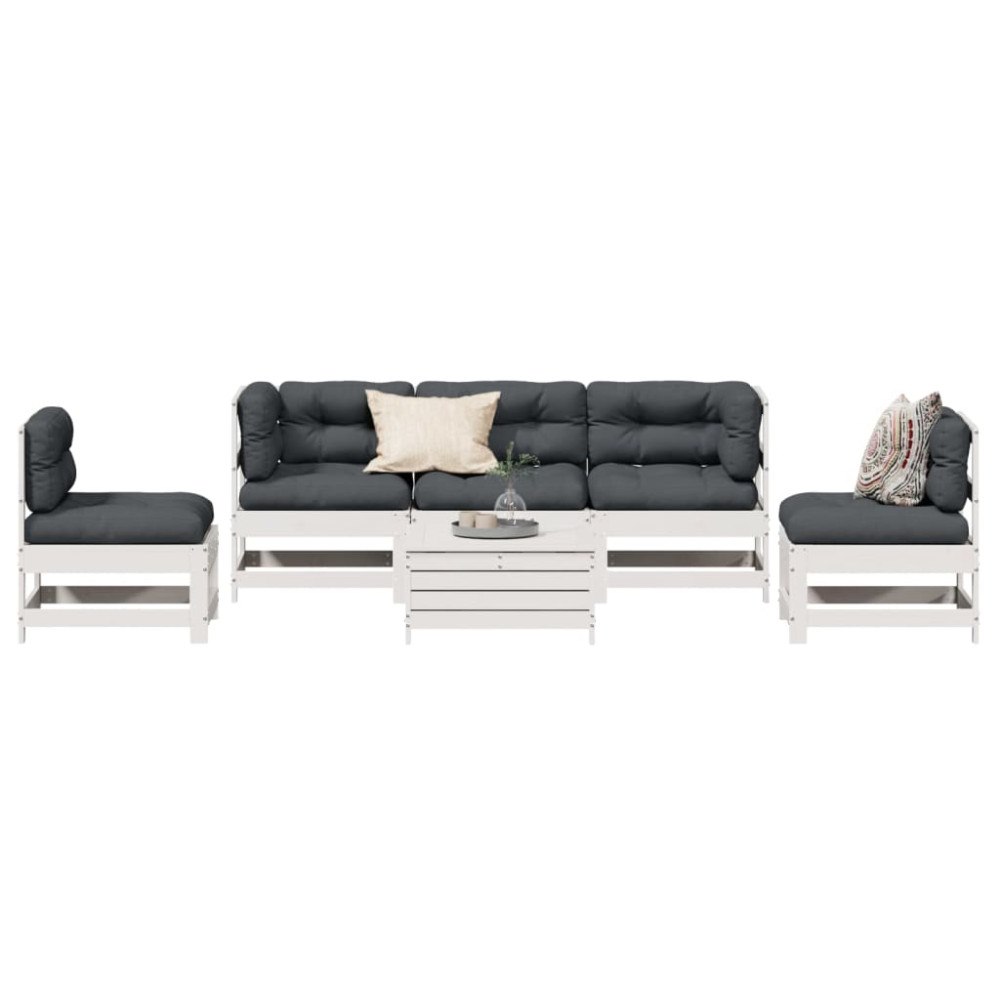 vidaXL Loungegrupp med dynor 6 delar vit massiv furu