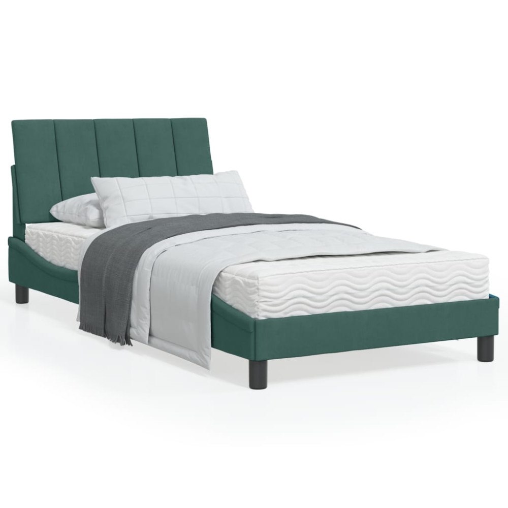 vidaXL Bed Frame with LED without Mattress "Hanko" Dark Green 100x200 cm Velvet