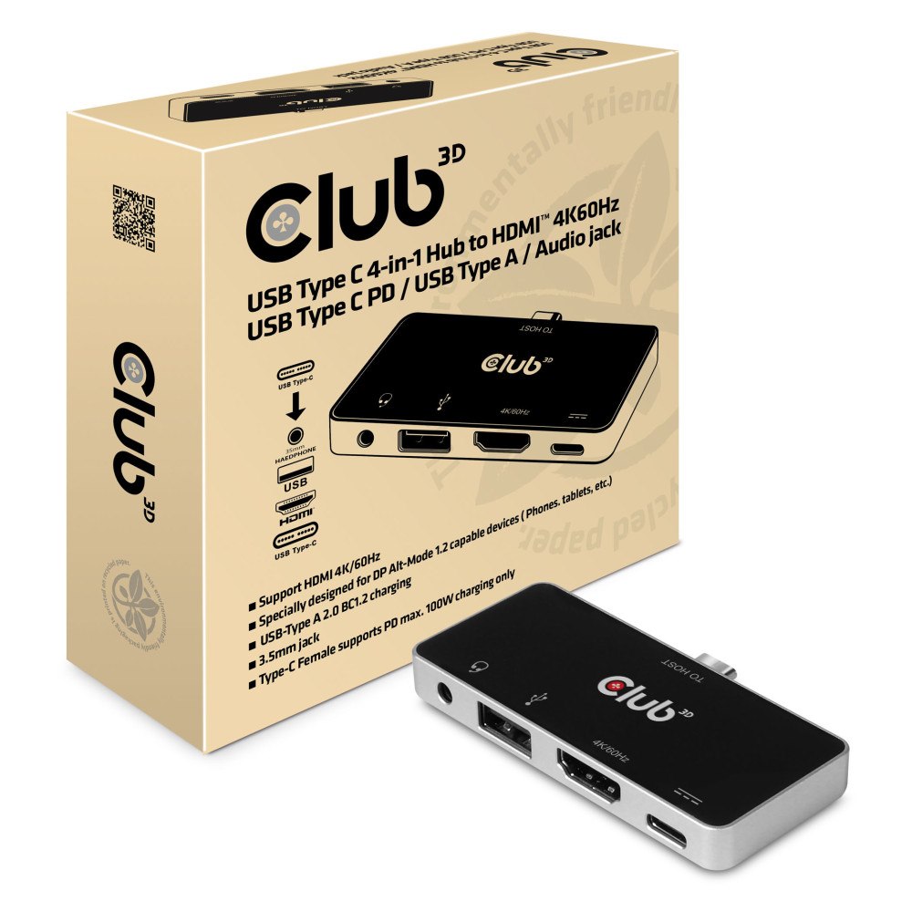 Club 3D Club 3D USB Type C 4-in-1 Hub - dockningsstation - USB-C - HDMI