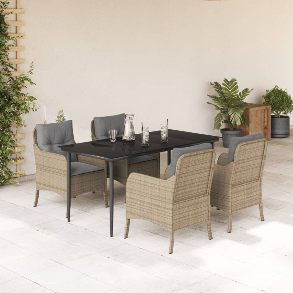 vidaXL Matgrupp för trädgården med dynor 5 delar beige konstrotting