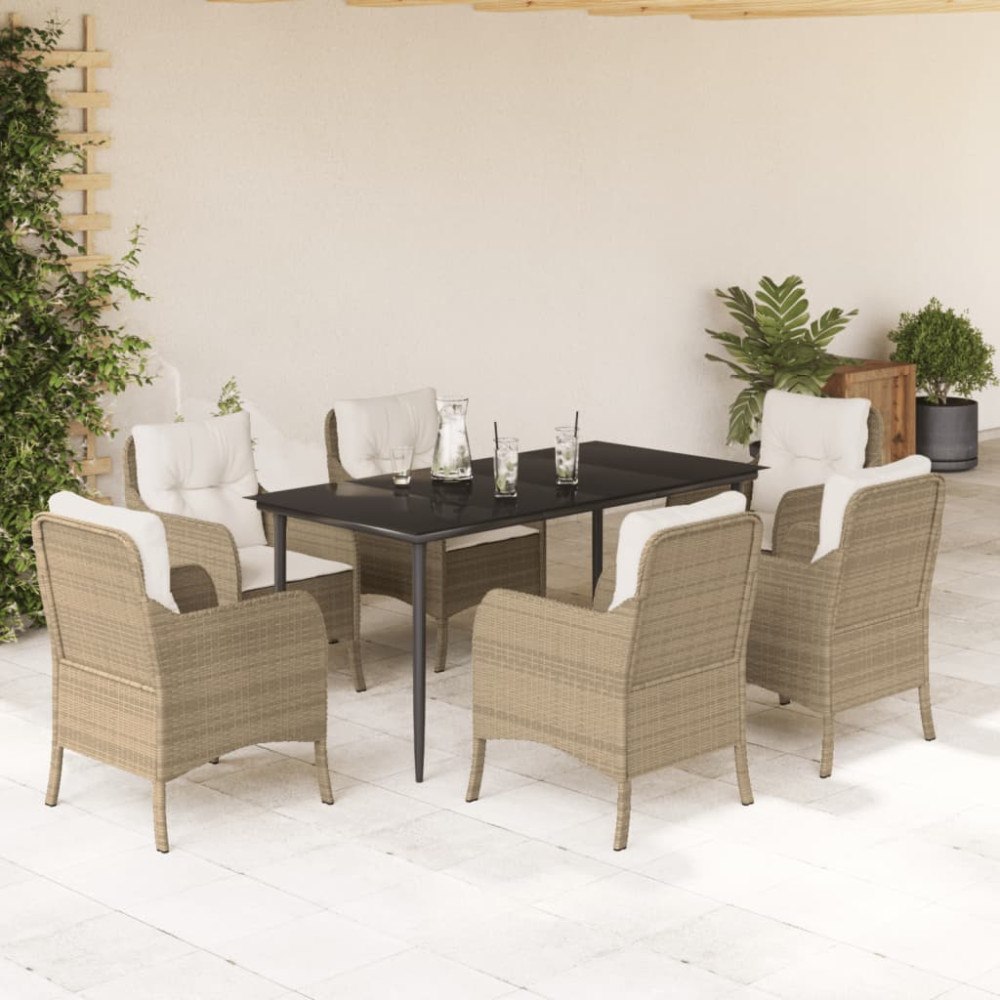 vidaXL Matgrupp för trädgården med dynor 7 delar beige konstrotting