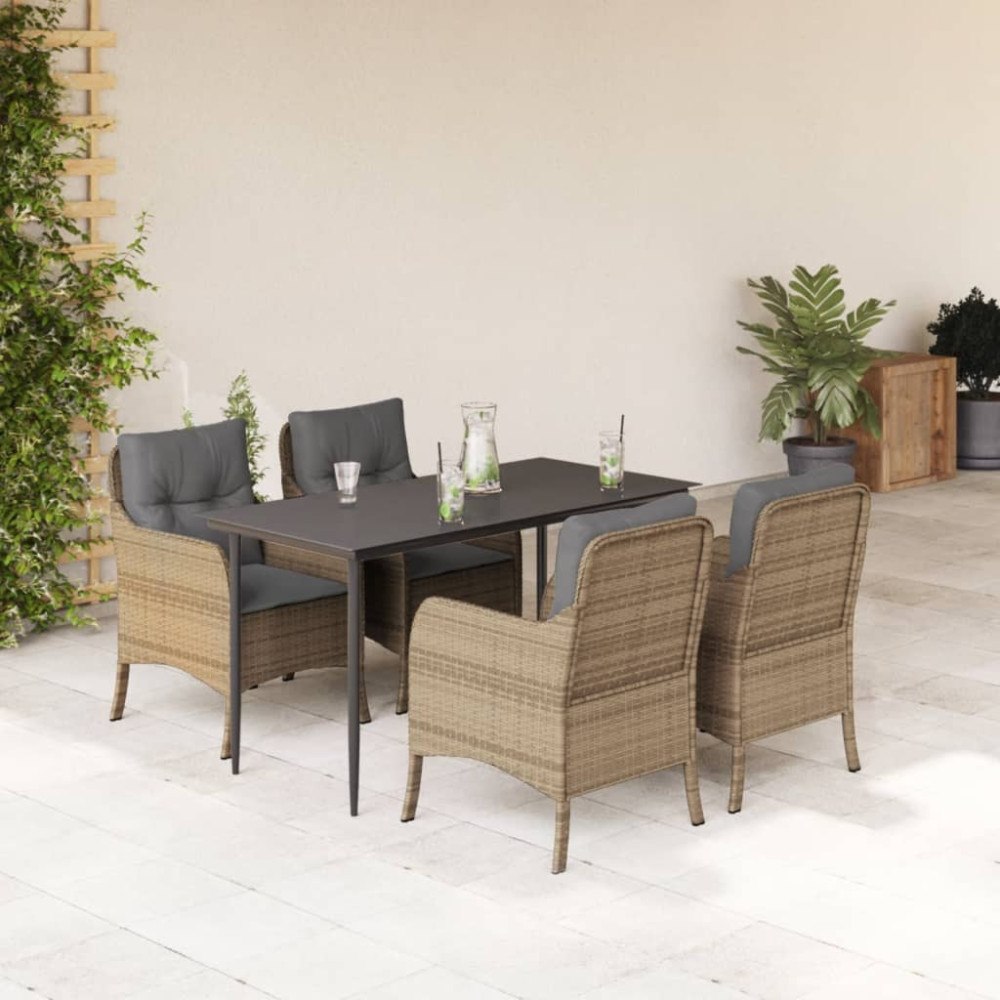 vidaXL Matgrupp för trädgården med dynor 5 delar beige konstrotting