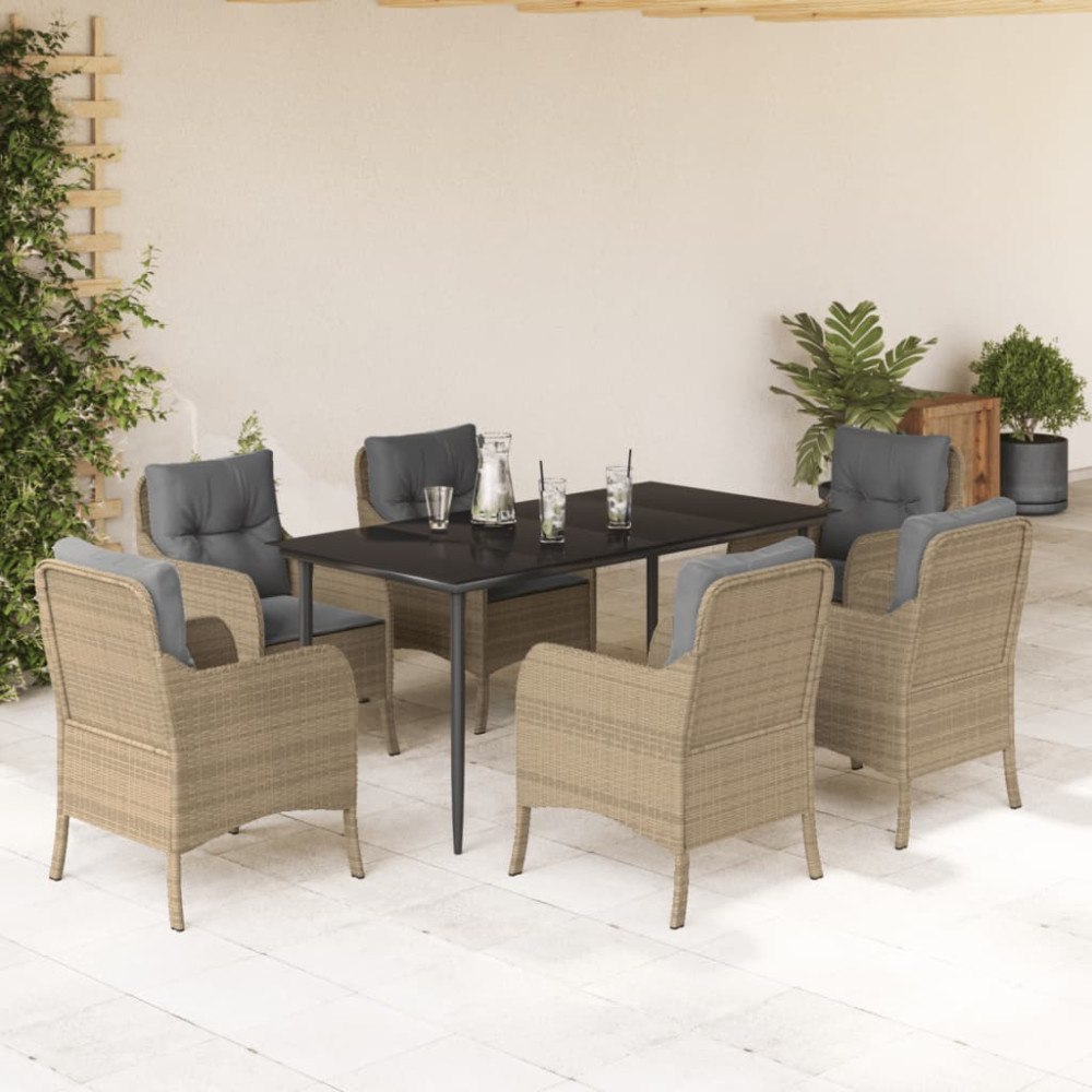 vidaXL Matgrupp för trädgården med dynor 7 delar beige konstrotting