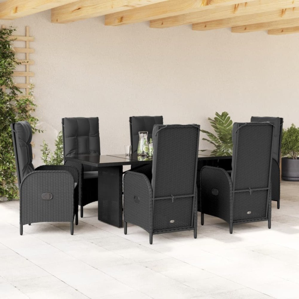 vidaXL Matgrupp för trädgården med dynor 7 delar svart konstrotting