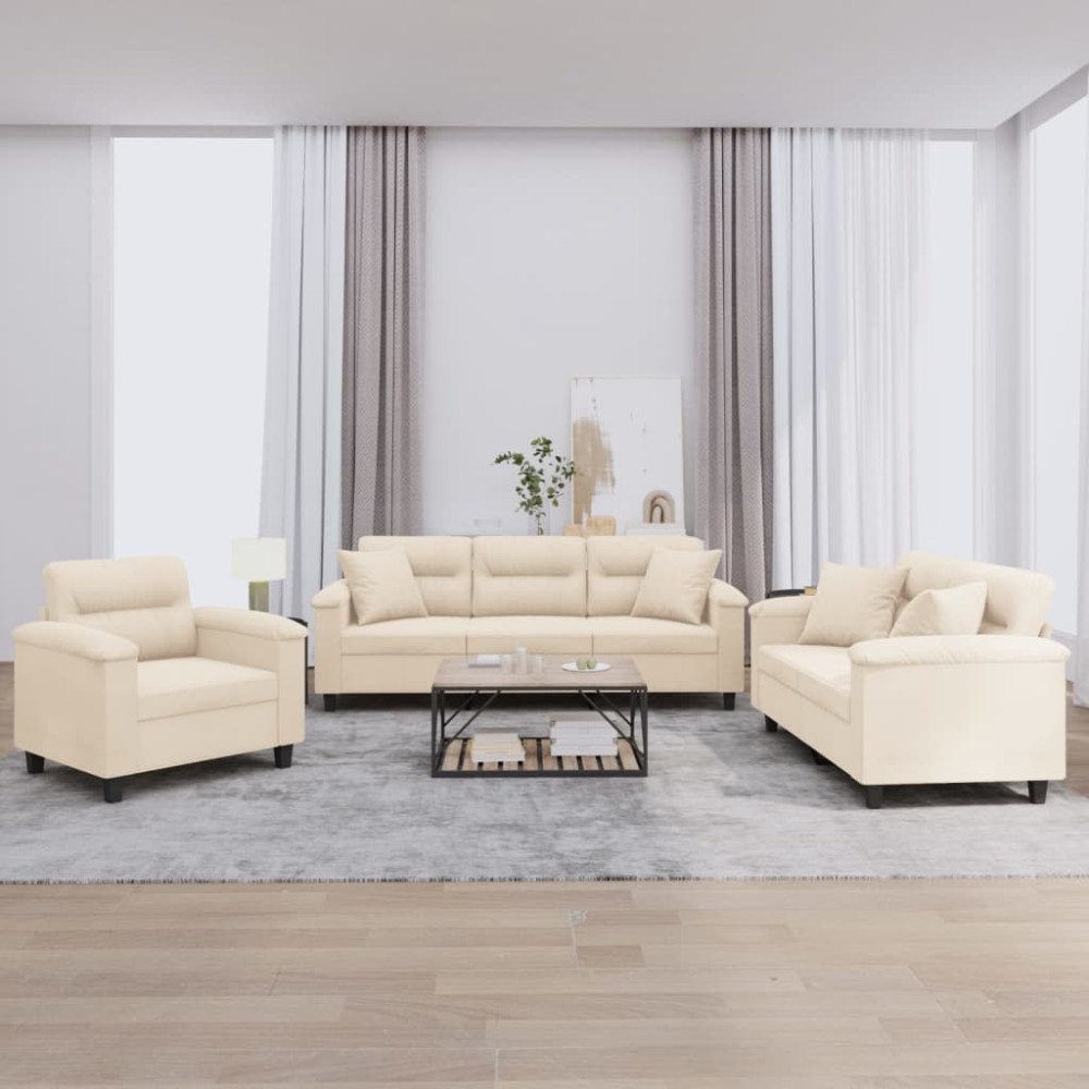 vidaXL Soffgrupp med kuddar 3 delar Beige mikrofibertyg