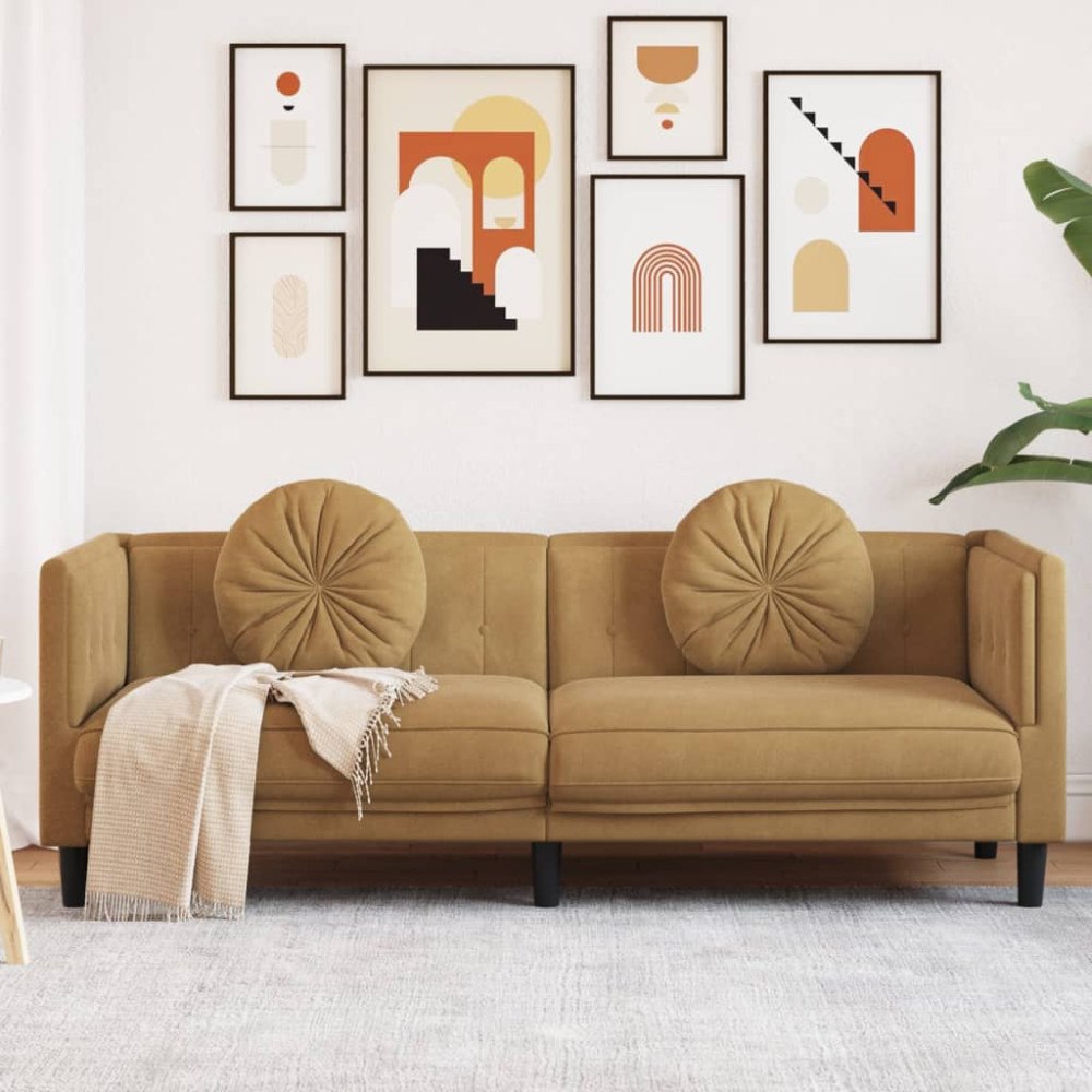 vidaXL Soffa med kuddar 3-sits brun konstmocka