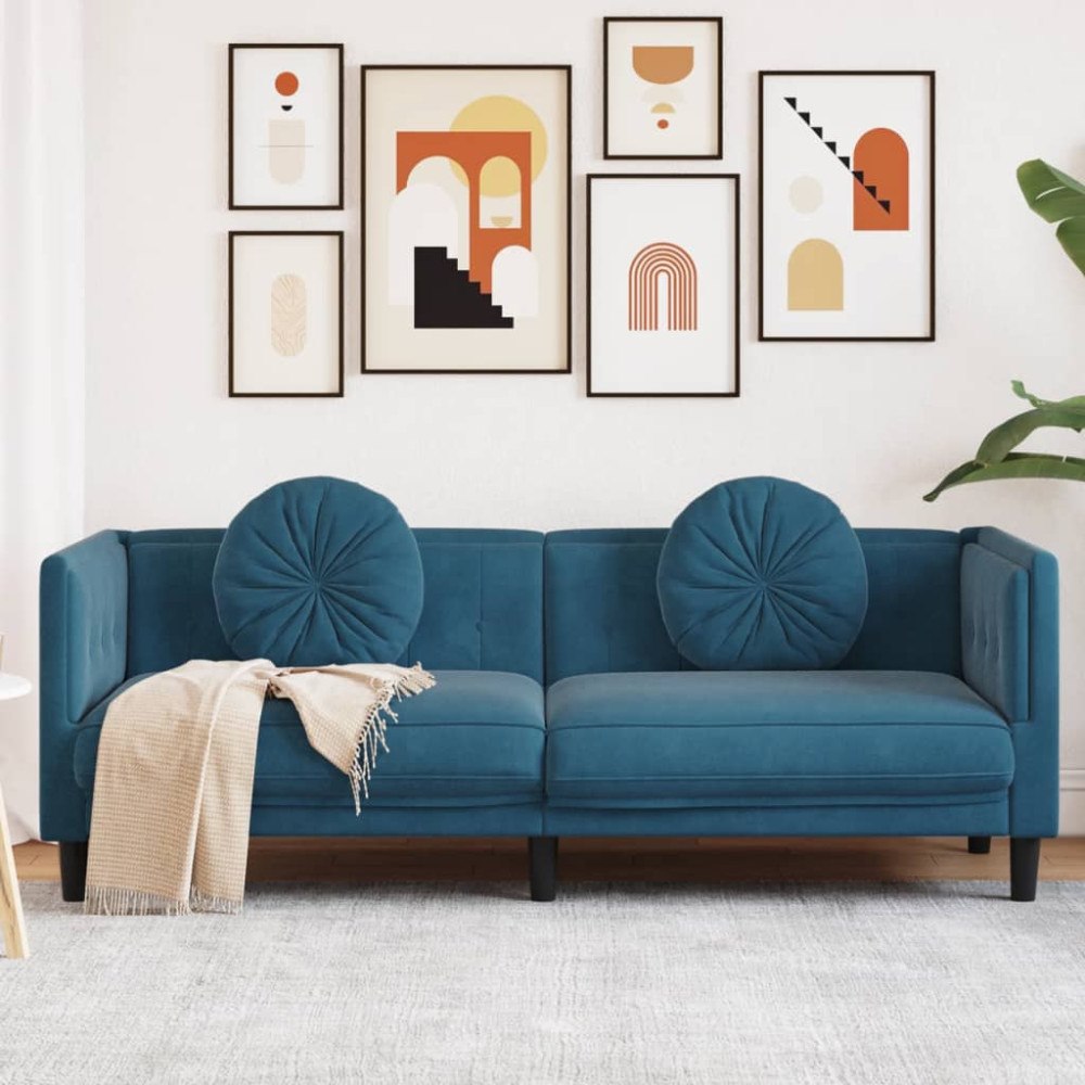 vidaXL Soffa med kuddar 3-sits blå sammet