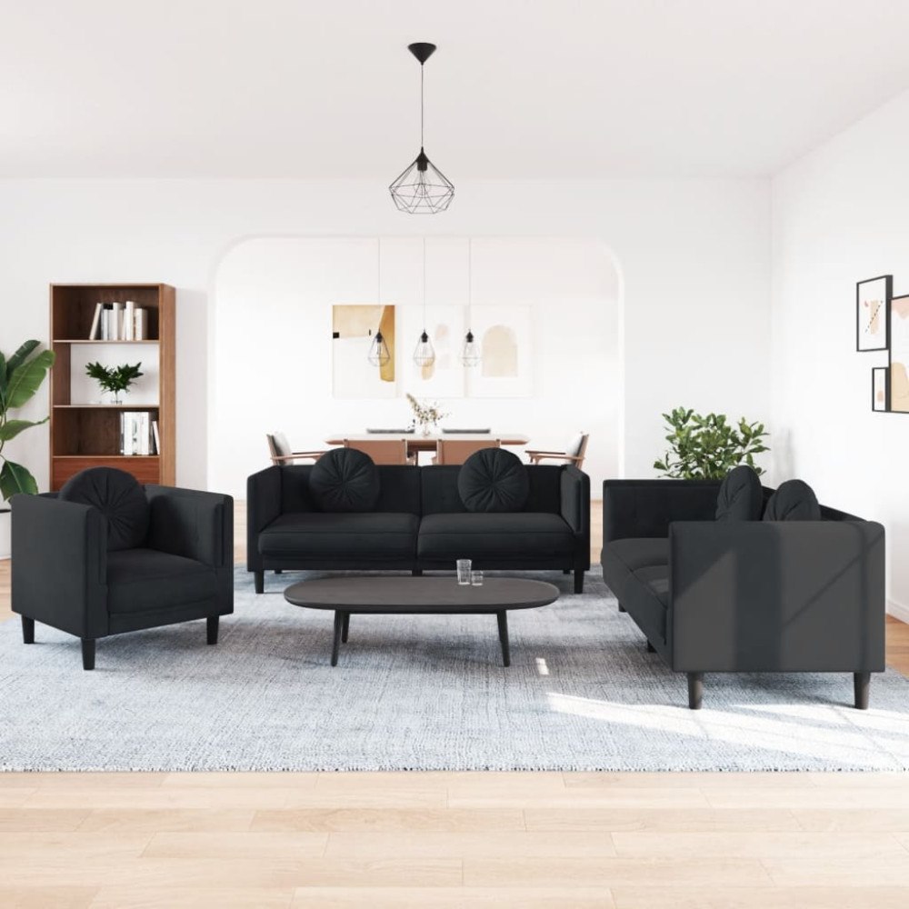 vidaXL Soffgrupp med kuddar 3 delar svart sammet