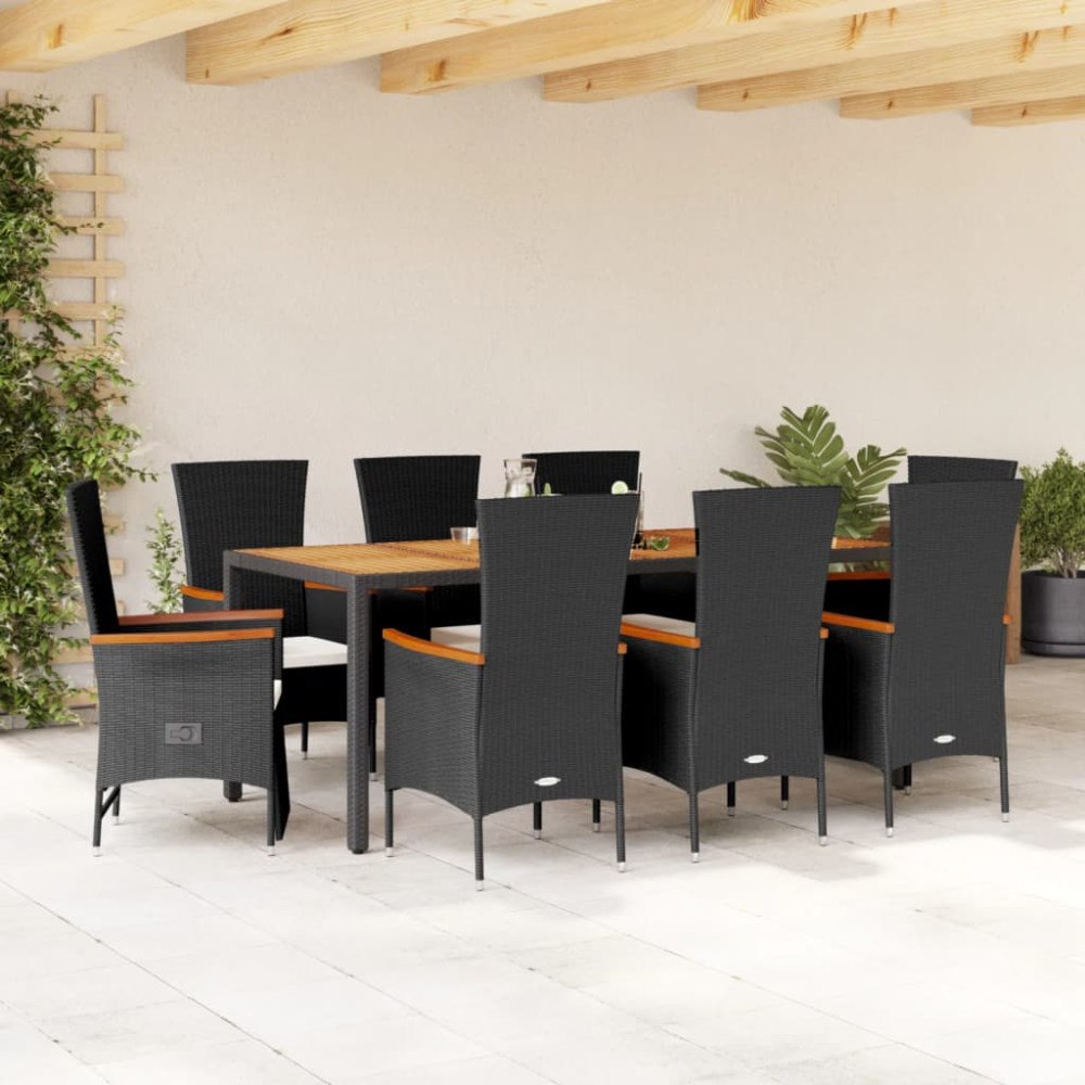 vidaXL Matgrupp för trädgården med dynor 9 delar svart konstrottning