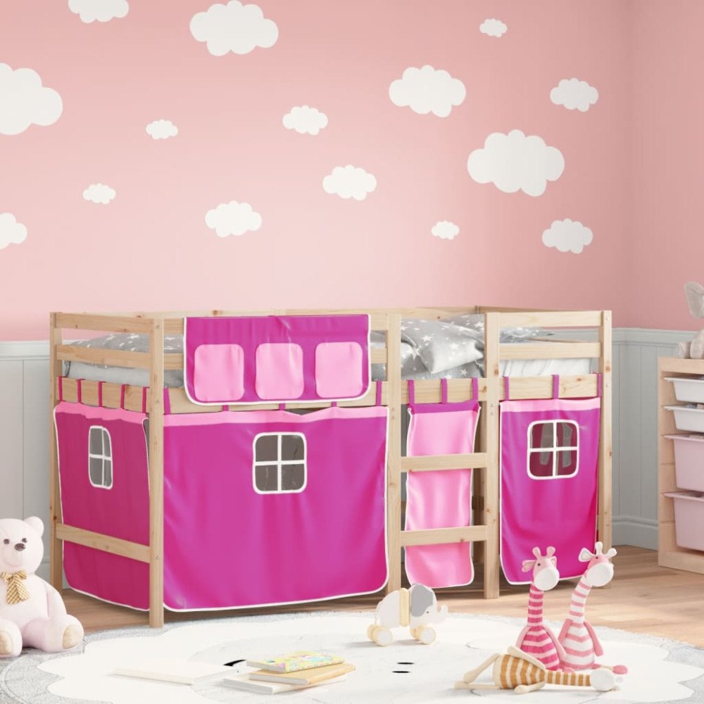 vidaXL Loftsäng med rutschkana rosa 90x200 cm massiv furu