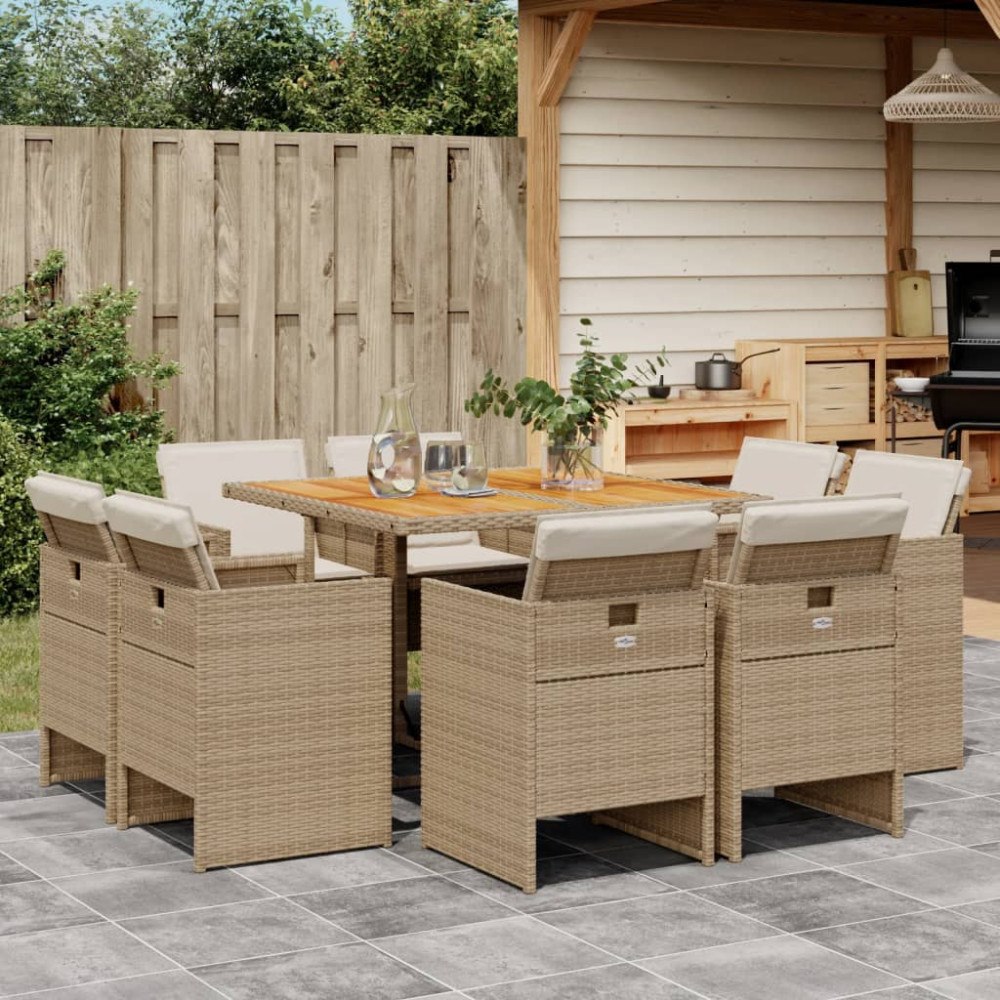 vidaXL Matgrupp för trädgården med dynor 9 delar beige konstrotting