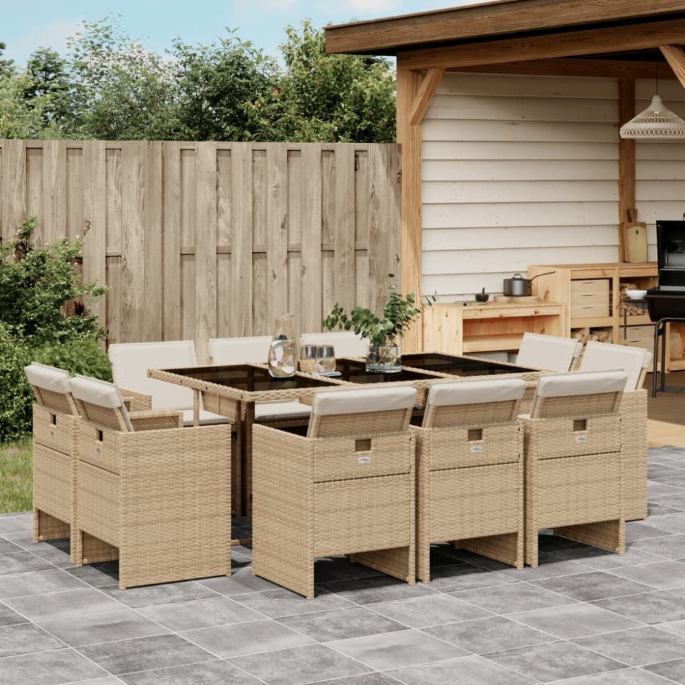 vidaXL Matgrupp för trädgården med dynor 11 delar beige konstrotting