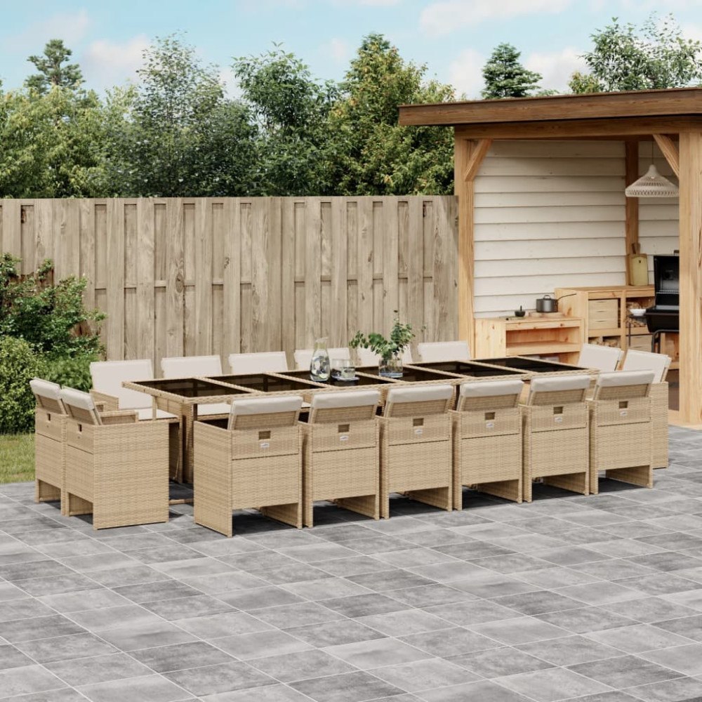 vidaXL Matgrupp för trädgården med dynor 17 delar beige konstrotting