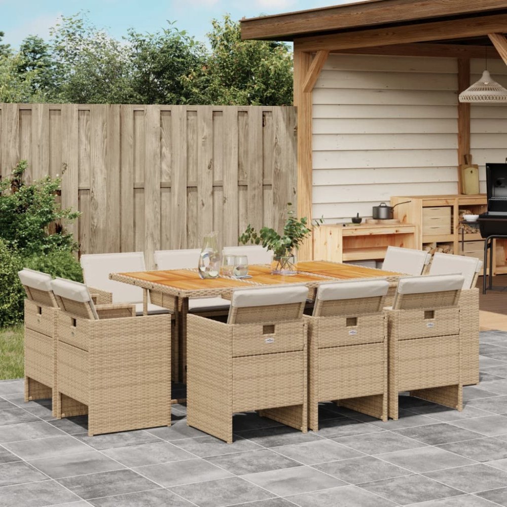 vidaXL Matgrupp för trädgården med dynor 11 delar beige konstrotting