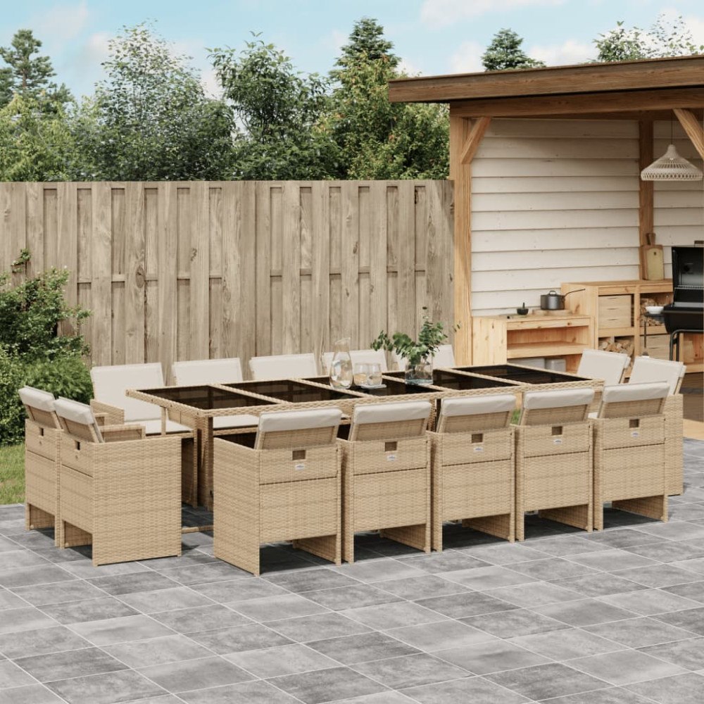 vidaXL Matgrupp för trädgården med dynor 15 delar beige konstrotting