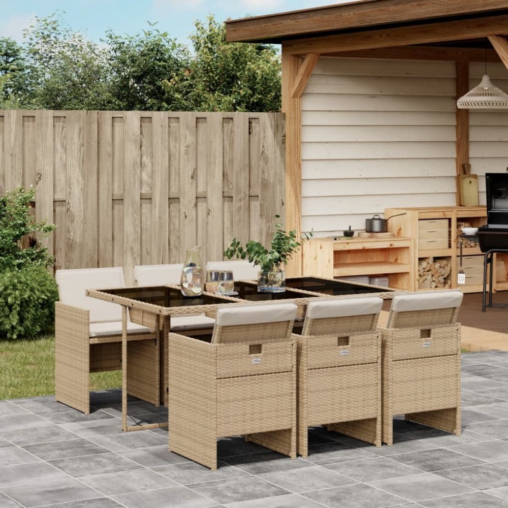 vidaXL Matgrupp för trädgården med dynor 7 delar beige konstrotting