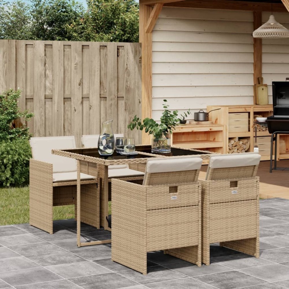 vidaXL Matgrupp för trädgården med dynor 5 delar beige konstrotting