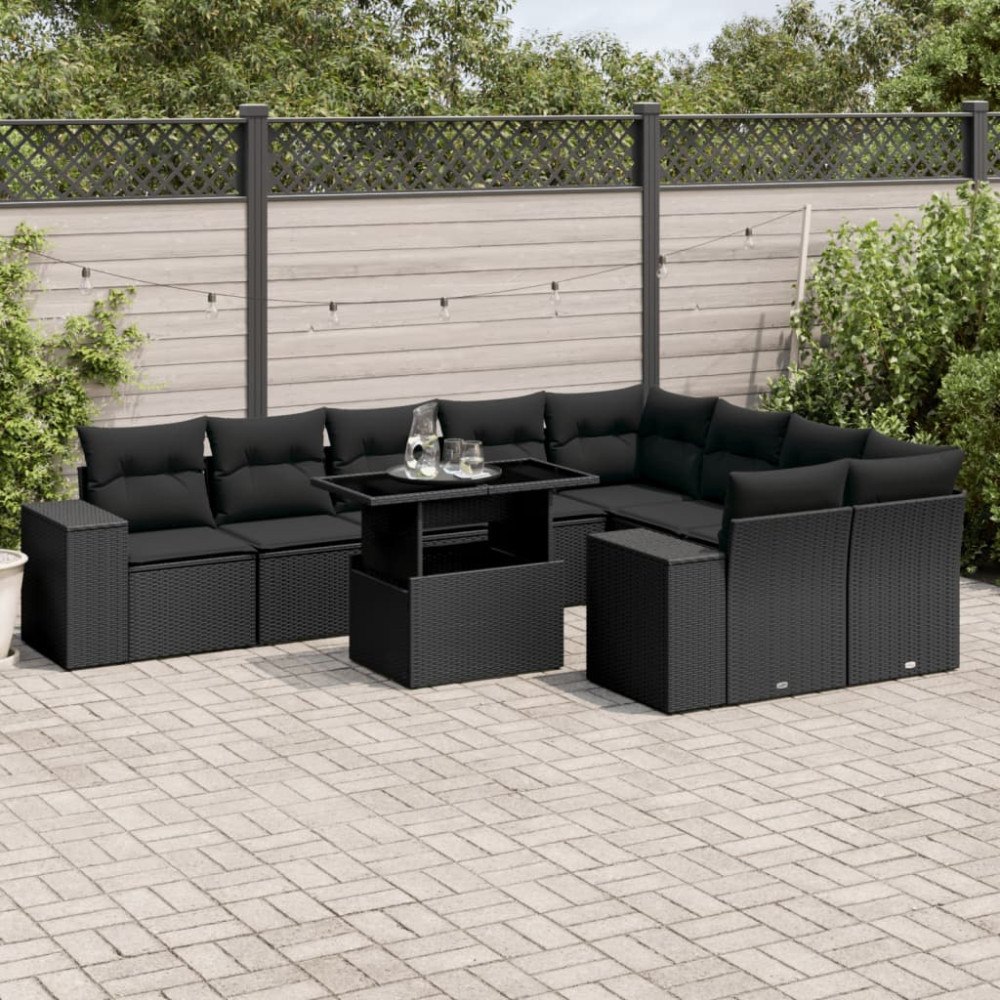 vidaXL Loungegrupp 10 delar med svarta dynor konstrotting