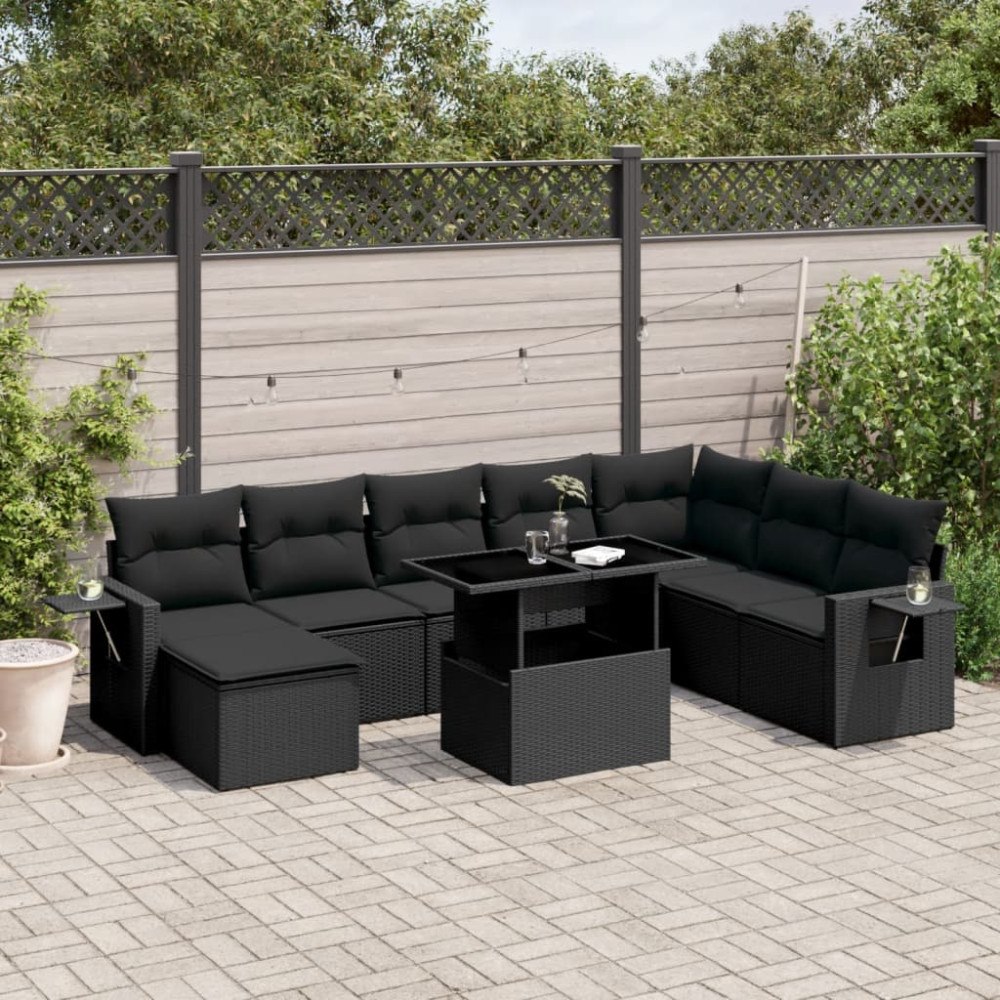 vidaXL Loungegrupp för trädgården med dynor 8 delar svart konstrotting