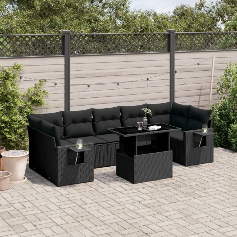 vidaXL Loungegrupp för trädgården med dynor 8 delar svart konstrotting