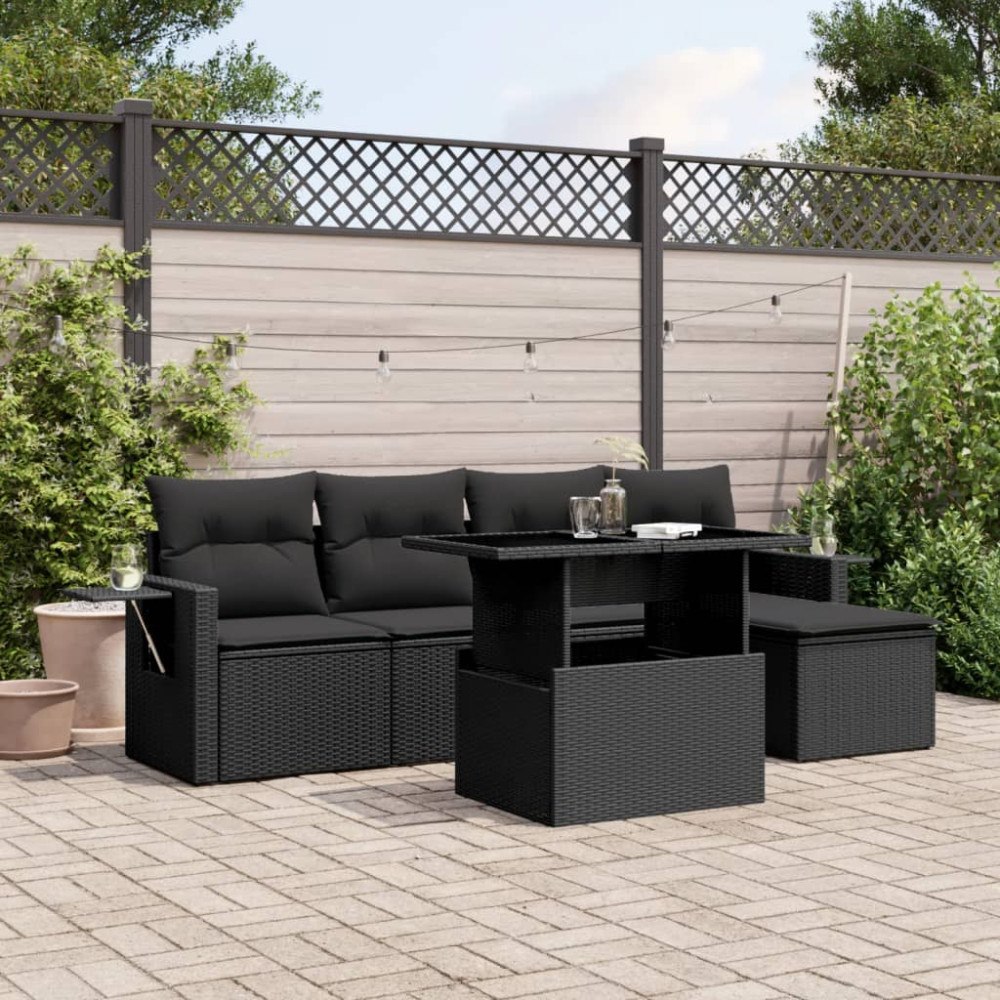 vidaXL Loungegrupp med dynor 6 delar svart konstrotting