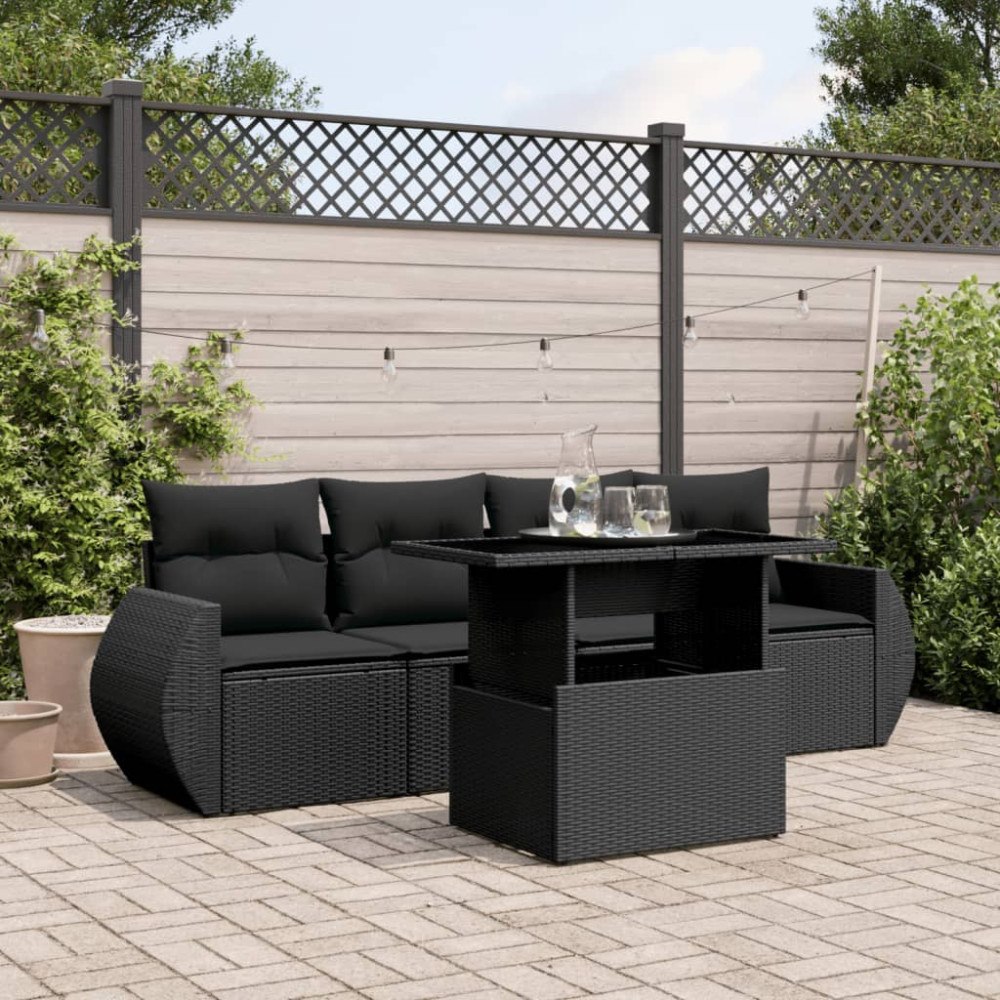 vidaXL Loungegrupp för trädgården med dynor 5 delar svart konstrotting