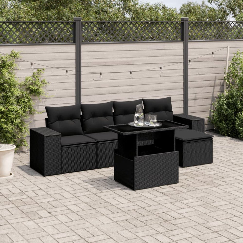 vidaXL Loungegrupp med dynor 6 delar svart konstrotting