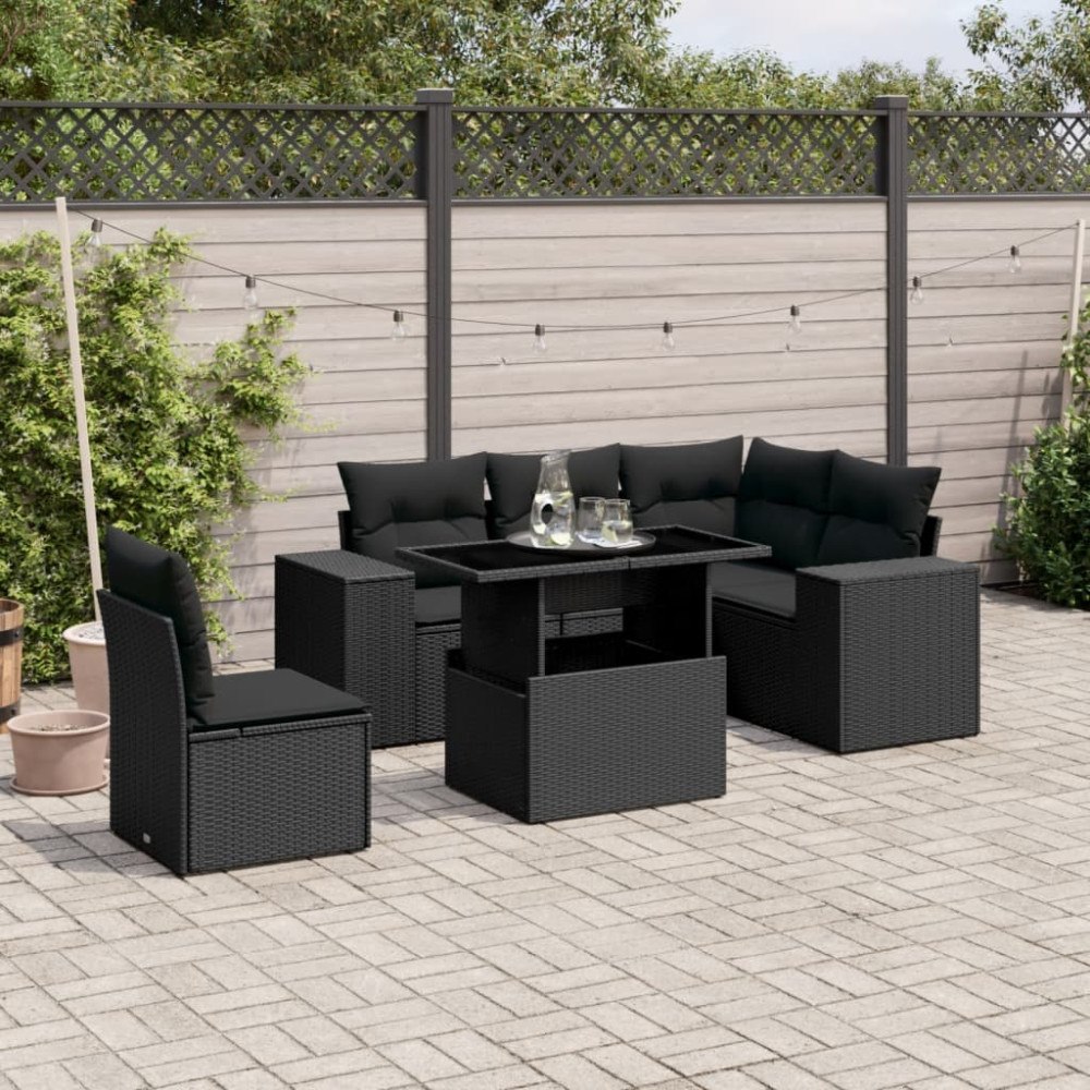 vidaXL Loungegrupp med dynor 6 delar svart konstrotting