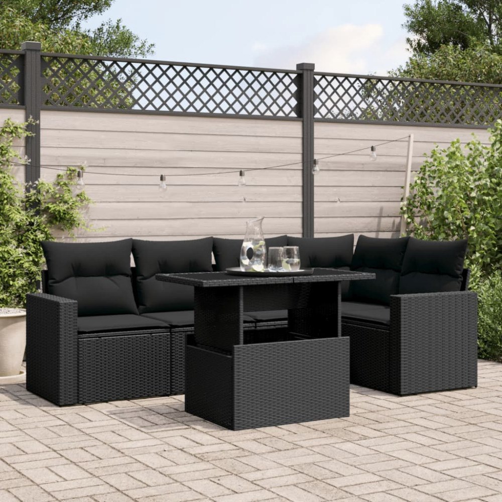 vidaXL Loungegrupp med dynor 6 delar svart konstrotting