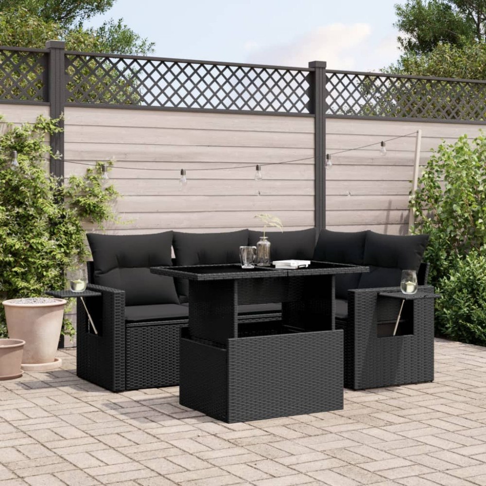 vidaXL Loungegrupp för trädgården med dynor 5 delar svart konstrotting