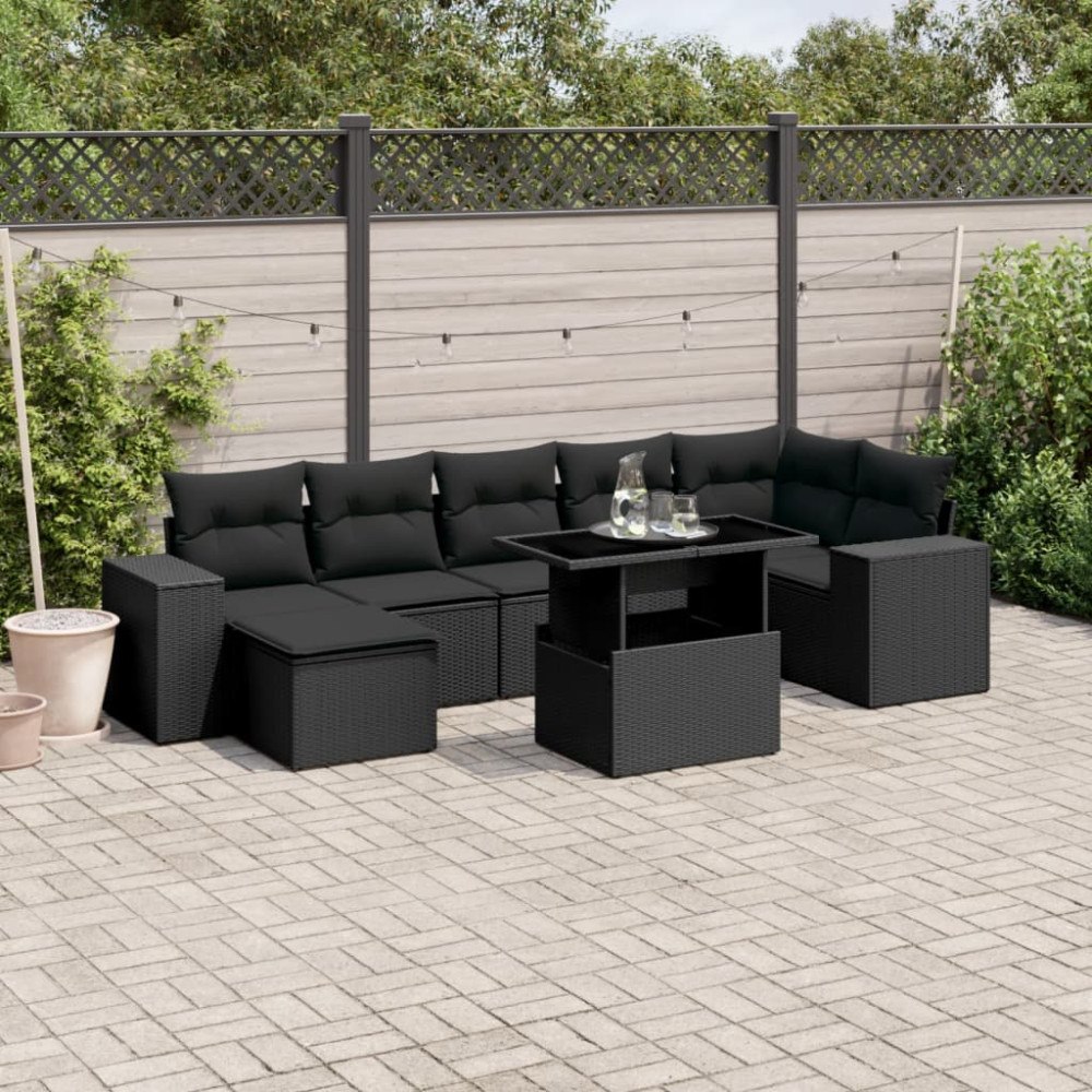vidaXL Loungegrupp för trädgården med dynor 8 delar svart konstrotting