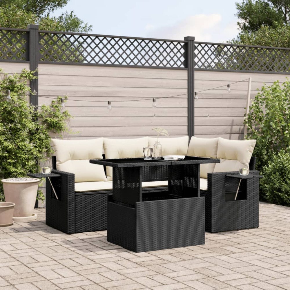 vidaXL Loungegrupp för trädgården med dynor 5 delar svart konstrotting