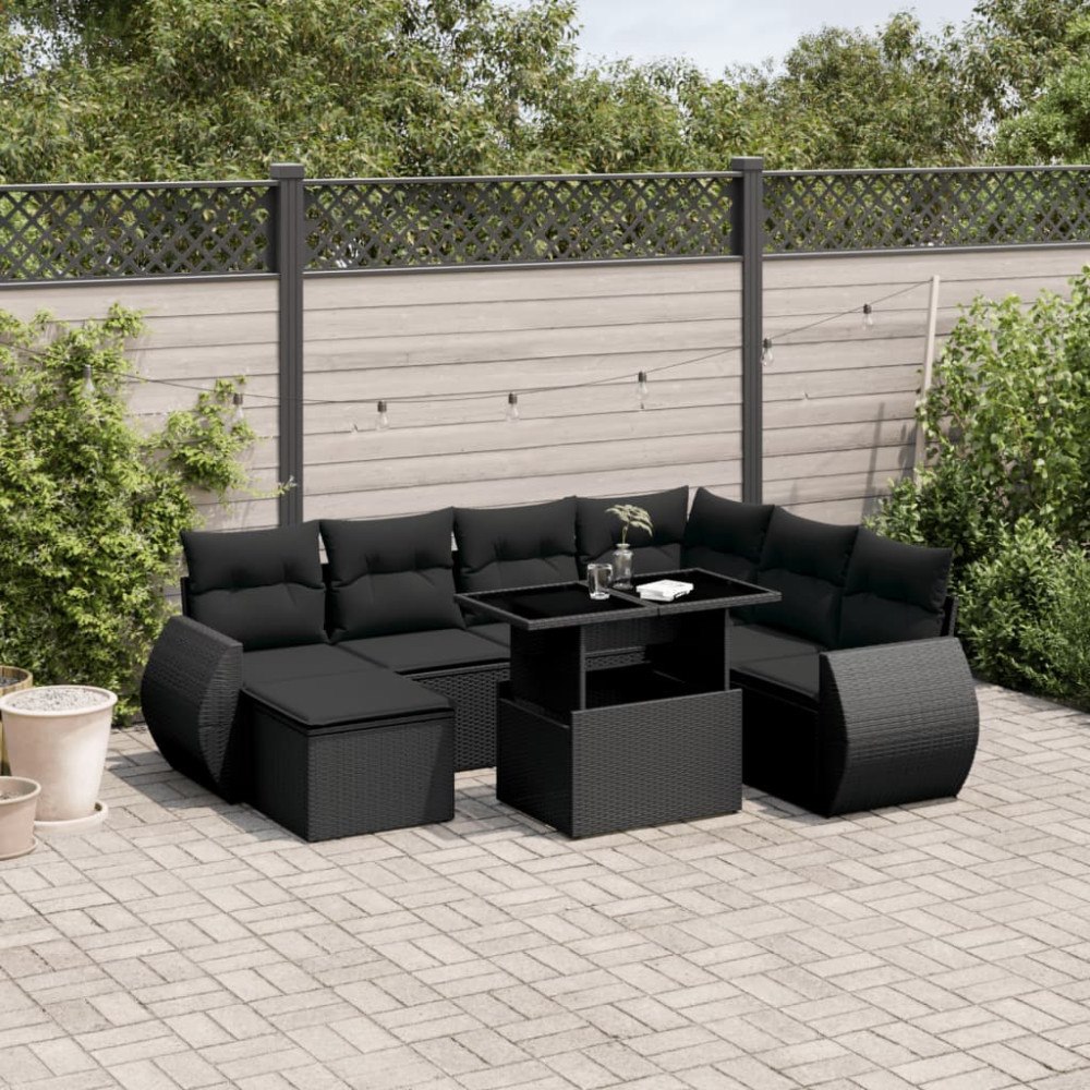 vidaXL Loungegrupp för trädgården med dynor 8 delar svart konstrotting
