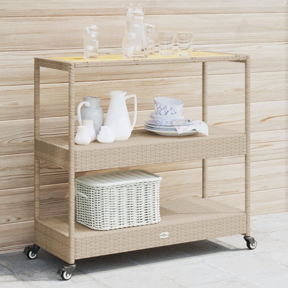 vidaXL Barvagn 3 hyllor beige konstrotting och massivt akaciaträ