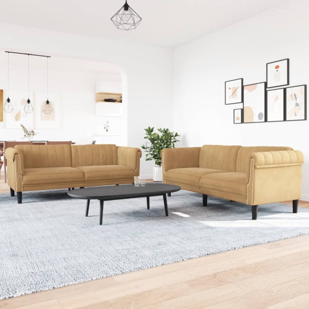 vidaXL Soffgrupp 2 delar brun sammet