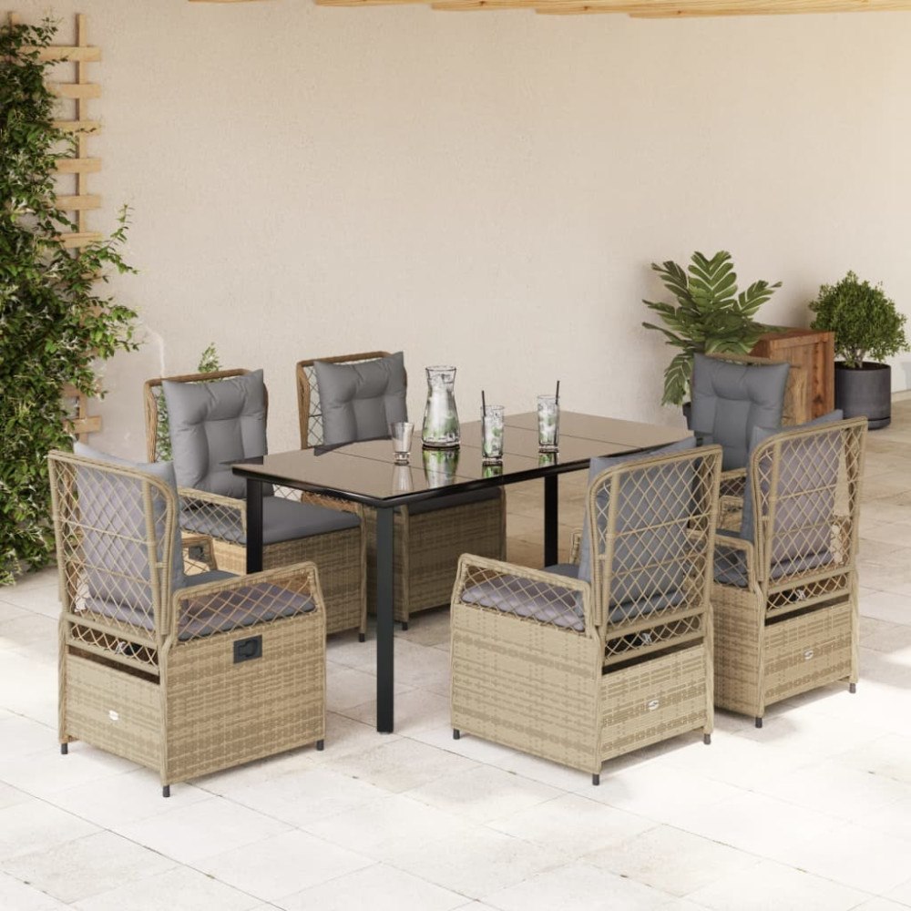vidaXL Matgrupp för trädgården med dynor 7 delar beige konstrotting