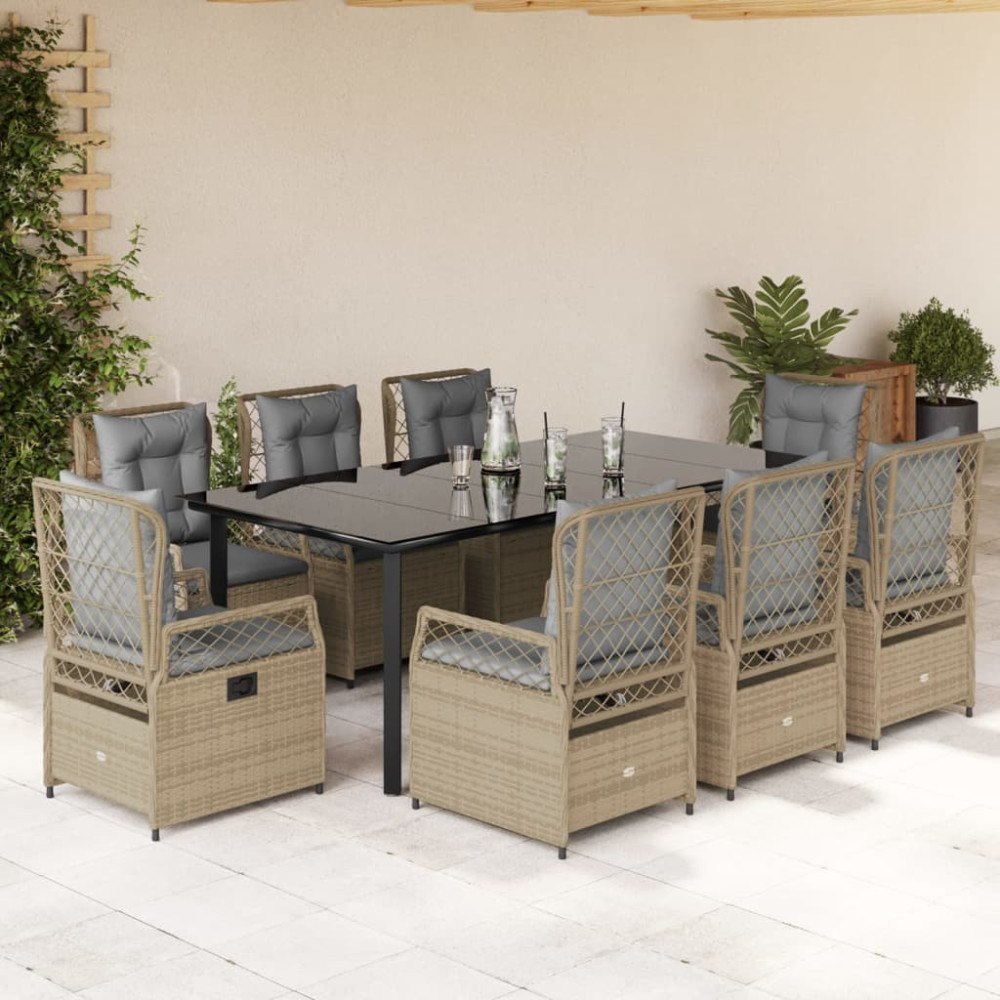 vidaXL Matgrupp för trädgården med dynor 9 delar beige konstrotting