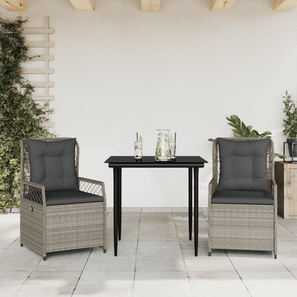 vidaXL Matgrupp för trädgården med dynor 3 delar ljusgrå konstrottning