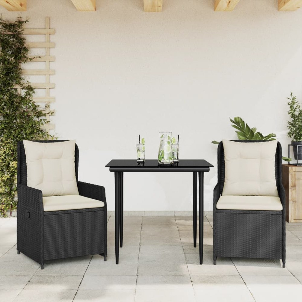 vidaXL Matgrupp för trädgården med dynor 3 delar svart konstrotting
