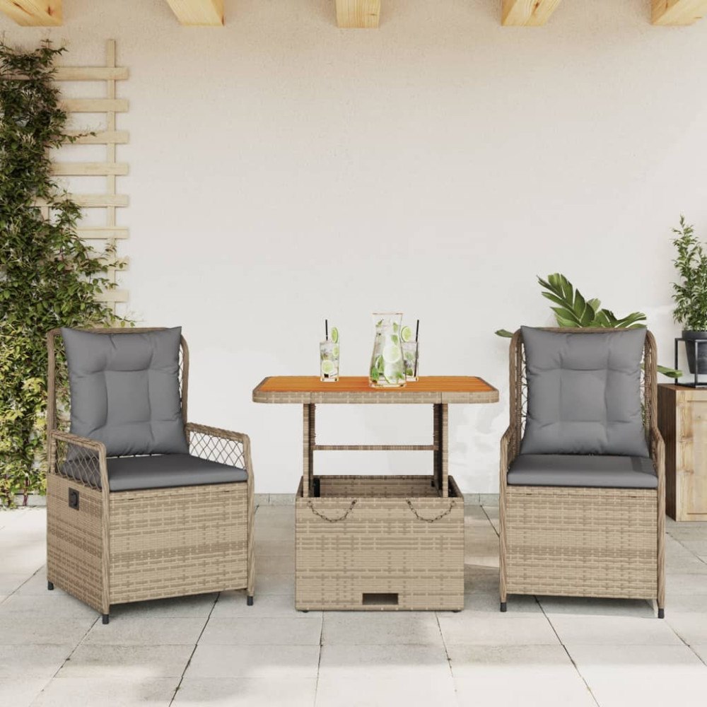 vidaXL Matgrupp för trädgården 3 delar med dynor beige konstrotting
