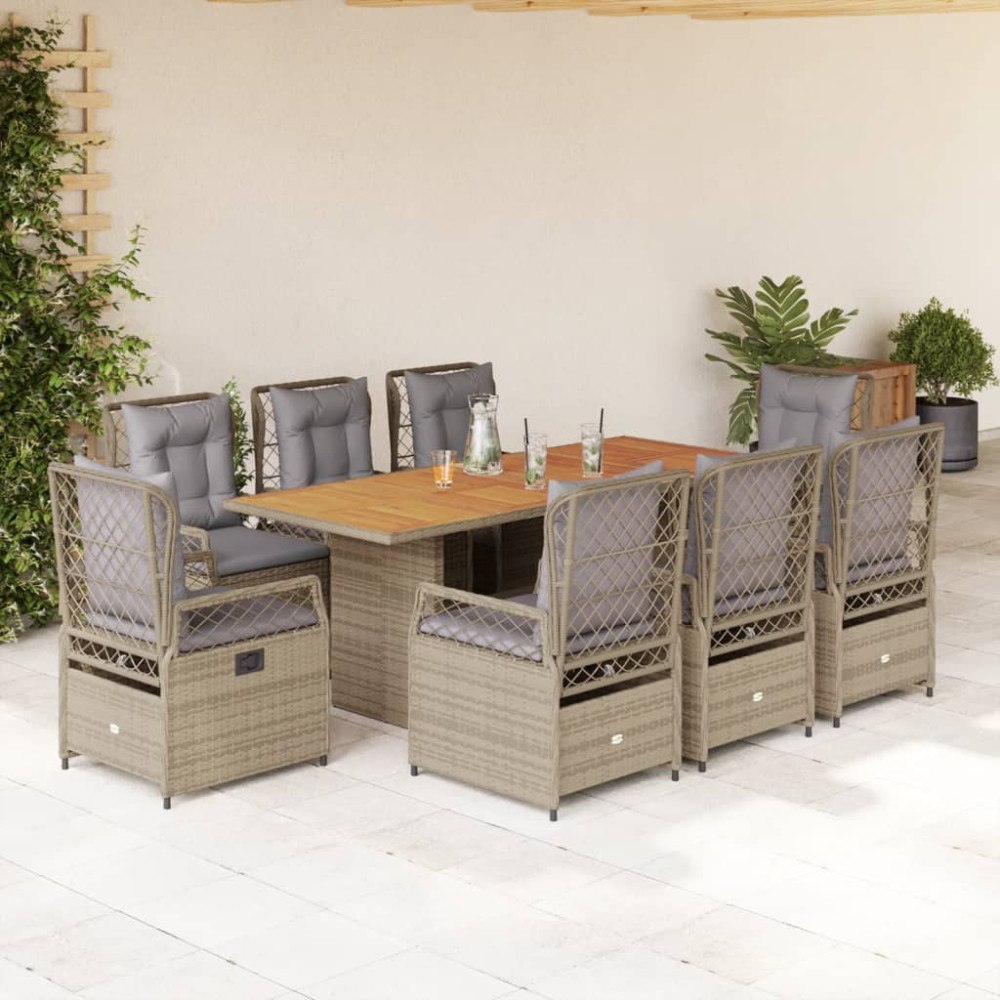 vidaXL Matgrupp för trädgården med dynor 9 delar beige konstrotting