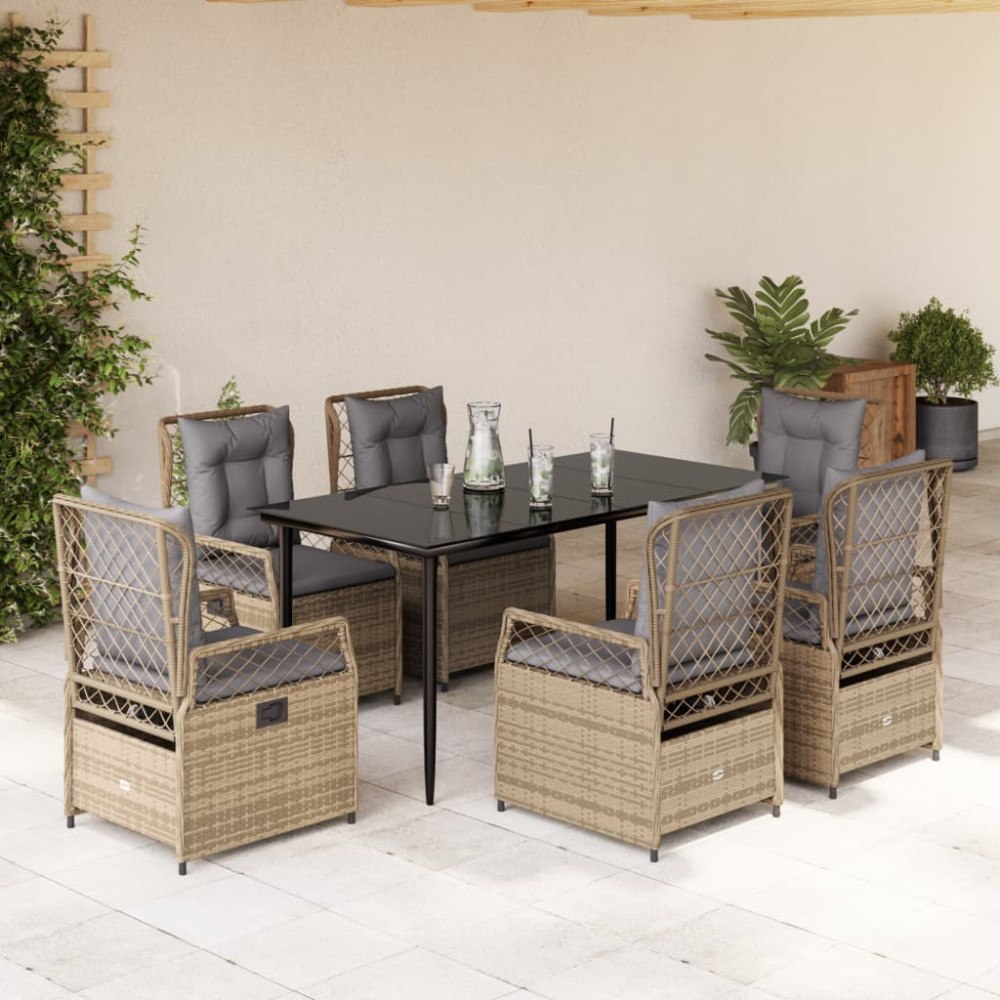 vidaXL Matgrupp för trädgården med dynor 7 delar beige konstrotting