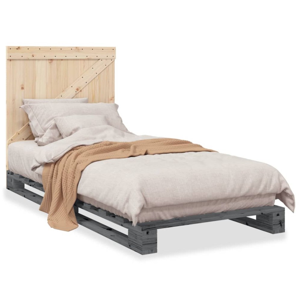 vidaXL Sängram med huvudgavel grå 90x200 cm massiv furu