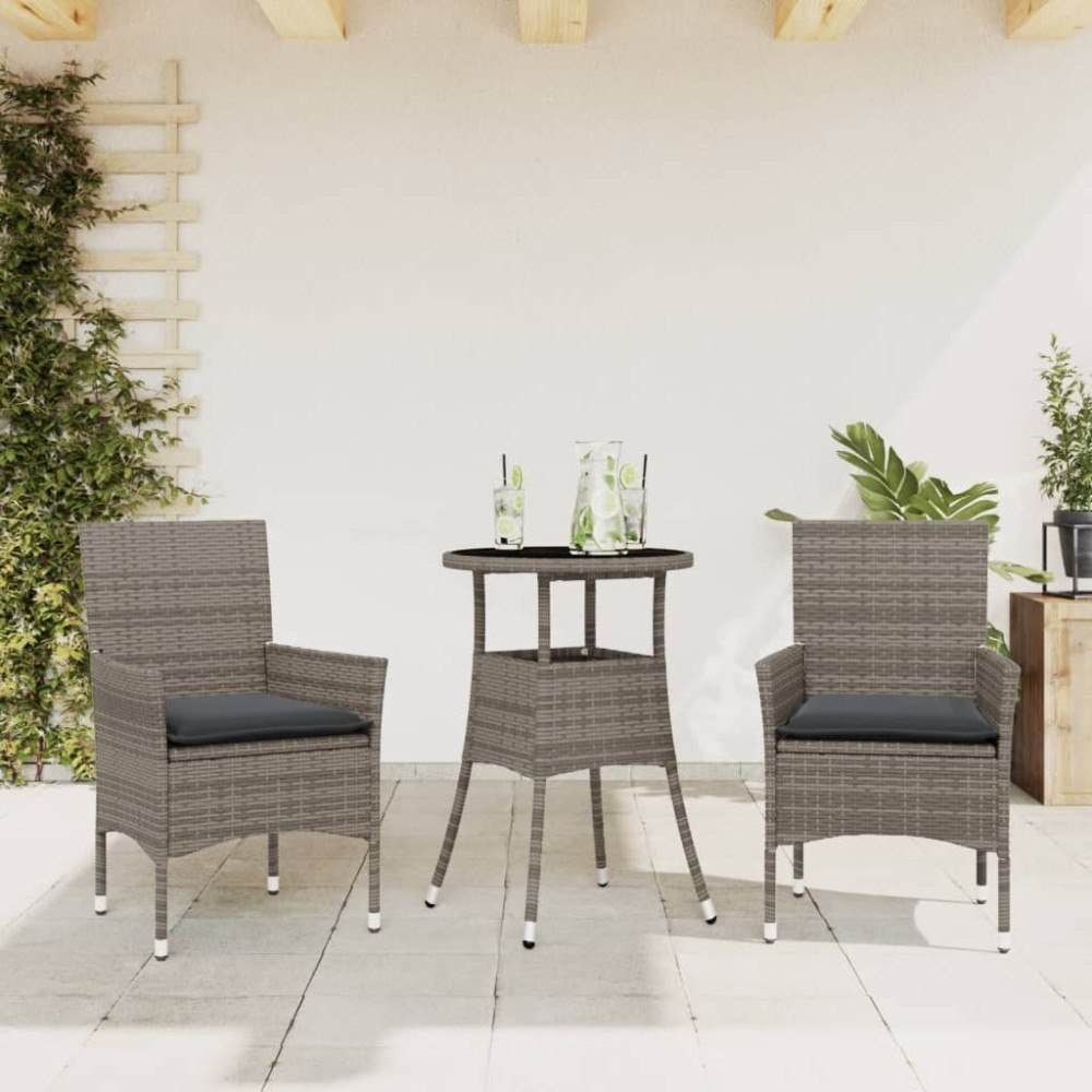 vidaXL Matgrupp för trädgården med dynor 3 delar grå konstrotting&glas