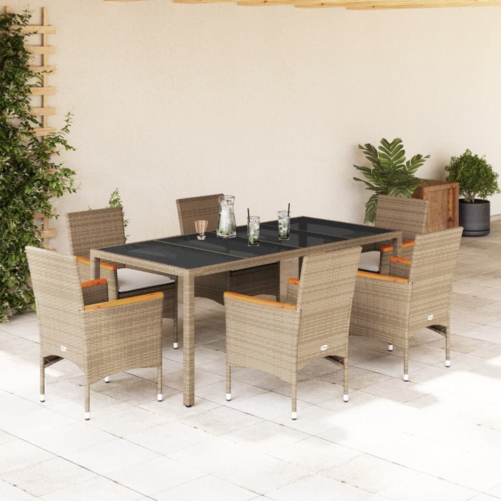 vidaXL Matgrupp för trädgård med dynor 7 delar beige konstrotting&glas